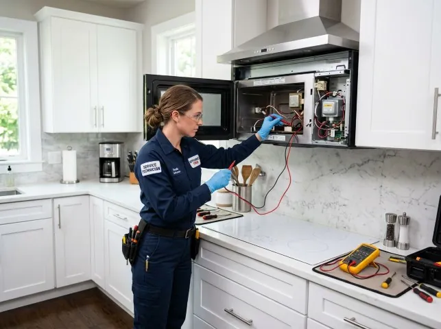 Appliance Repair Hero technician testing an over-the-range microwave in a Berkley, MI kitchen